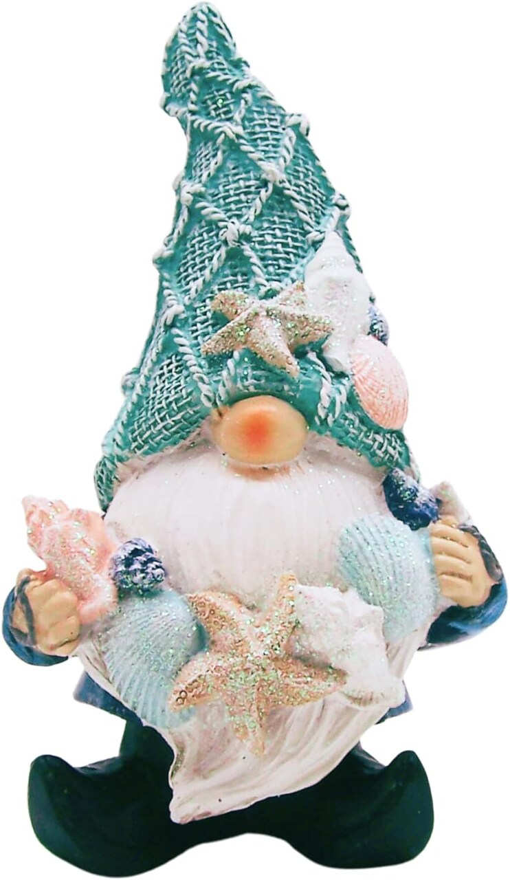 Coastal Beach Themed Gnome Figurine, Nautical Freestanding Home & Garden Decor, 8 Inches